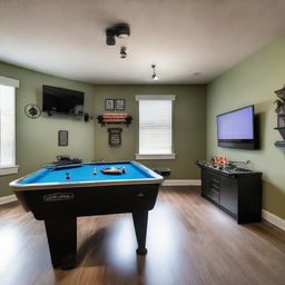 Detailed view of an expansive entertainment room, filled with a gleaming foosball table, air hockey, and ping pong table. A dart board hangs on the wall, next to two separate TV sets, one connected to a PlayStation, the other to Xbox and a shelf filled with variety of board games