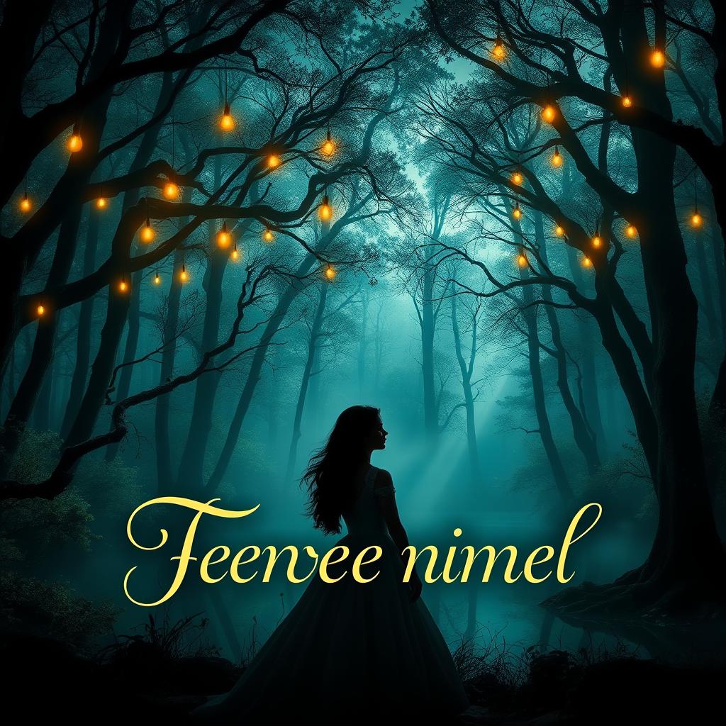 A captivating ebook cover design featuring a mystical forest with towering trees, soft glowing lights hanging from branches, and a serene lake reflecting the sky