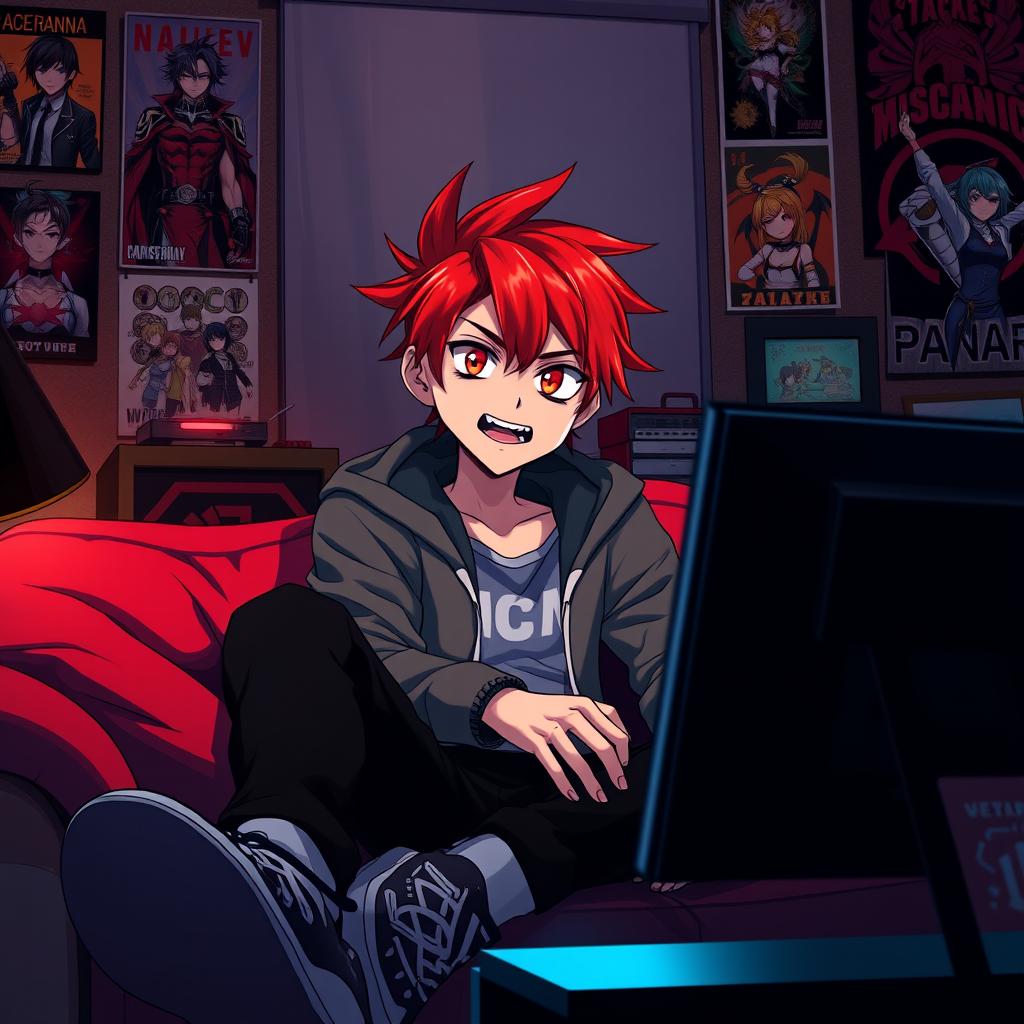A stylish anime boy with vibrant red hair, featuring sharp facial features and striking eyes, sitting on a plush couch while intently watching a television screen