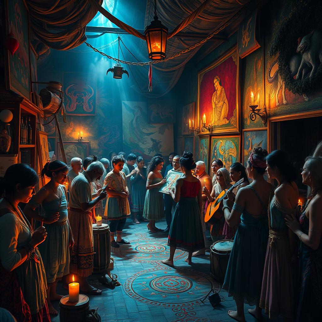 An intricate and visually stunning depiction of traditional 'deviant' culture, showcasing a vibrant gathering in an atmospheric scene