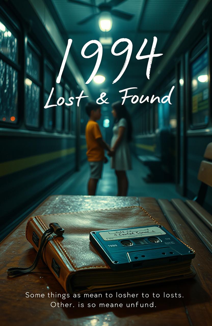 A worn-out leather diary resting on a wooden bench inside a dimly lit bus station, with rain streaking the glass windows behind it, creating a nostalgic atmosphere