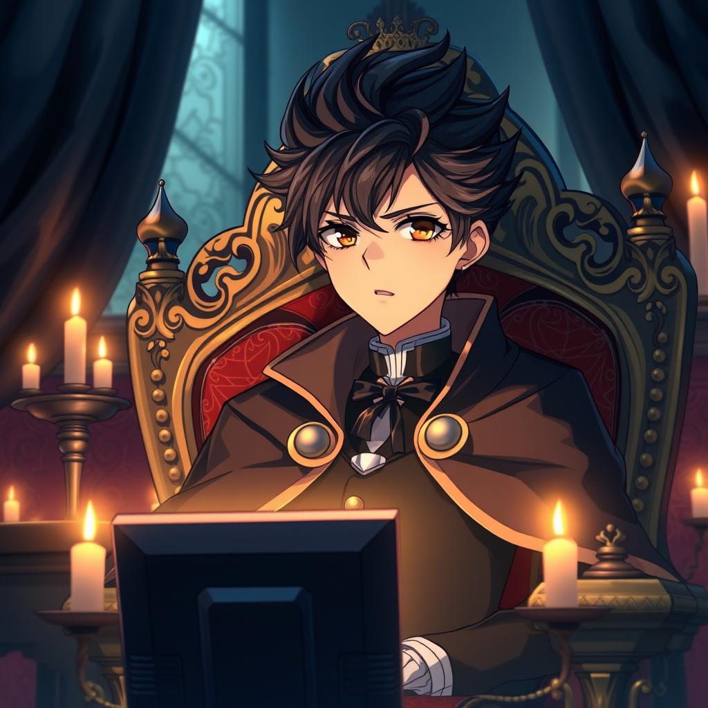 An anime king boy with luxurious black hair, styled elegantly, sitting regally on an ornate throne while watching a television screen