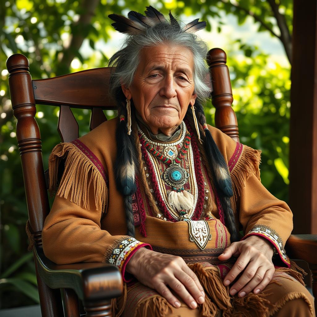 A wise Native American elder sitting peacefully in a wooden rocking chair, wearing traditional attire adorned with intricate beadwork and feathers