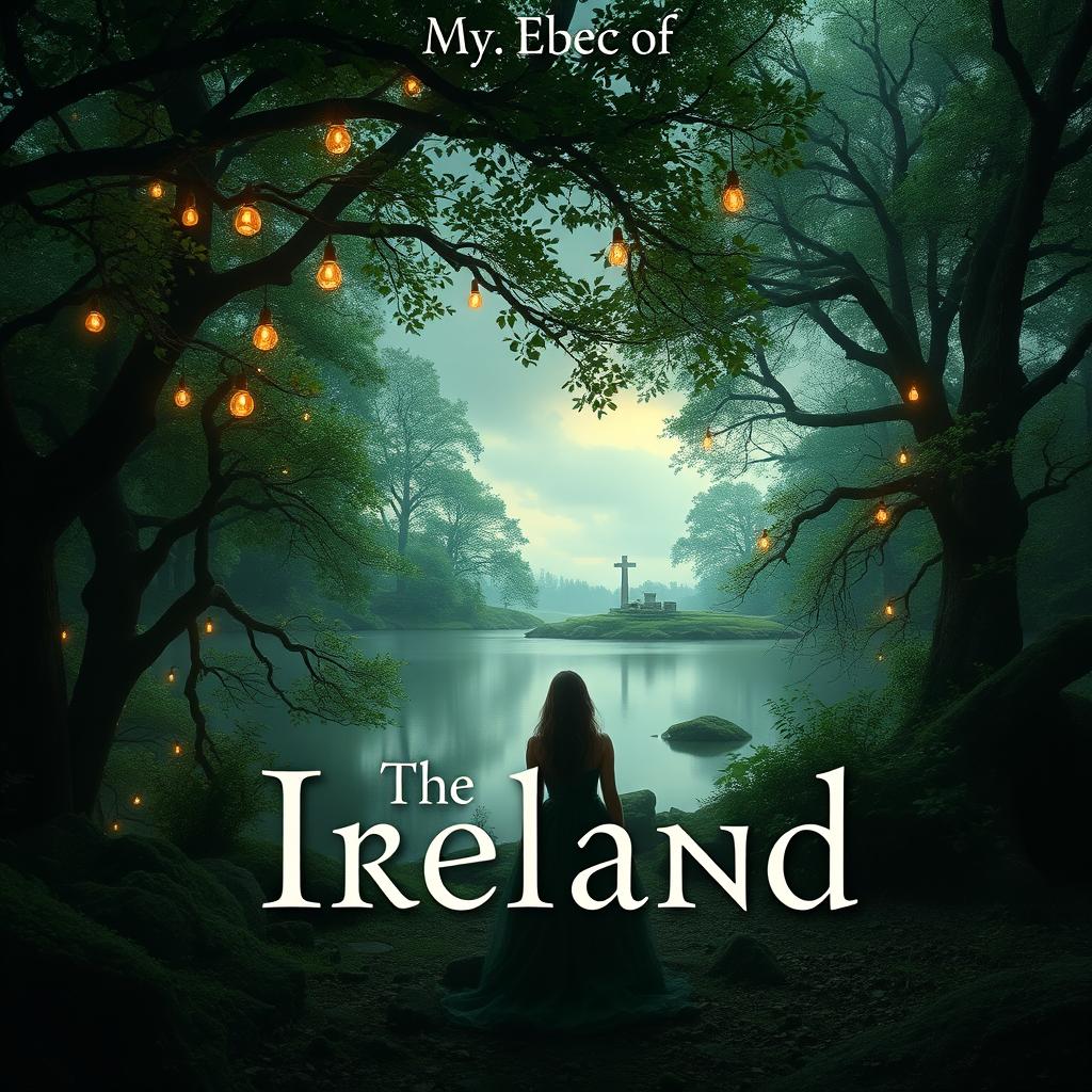 A captivating ebook cover design featuring a mystical Irish forest with lush green trees, soft glowing lights hanging from branches, and a serene lake reflecting the cloudy sky