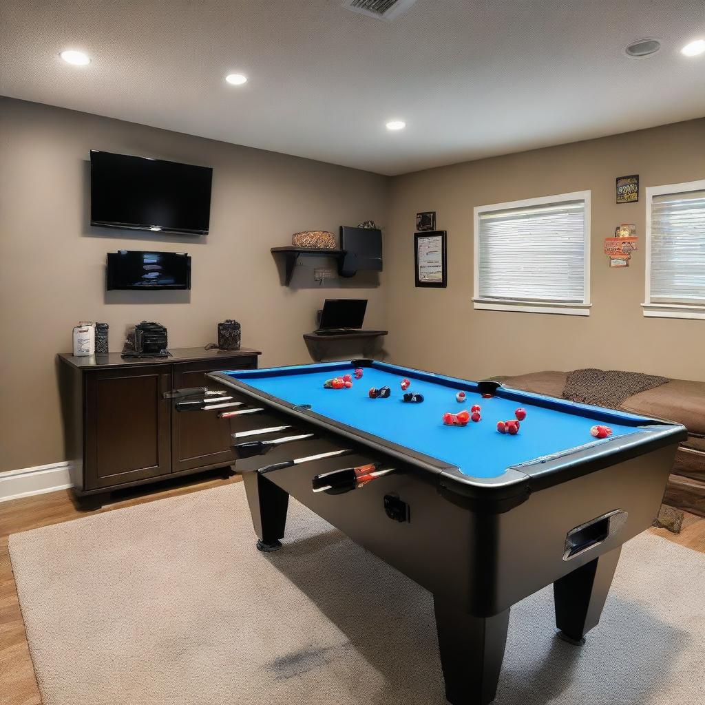 Detailed view of an expansive entertainment room, filled with a gleaming foosball table, air hockey, and ping pong table. A dart board hangs on the wall, next to two separate TV sets, one connected to a PlayStation, the other to Xbox and a shelf filled with variety of board games