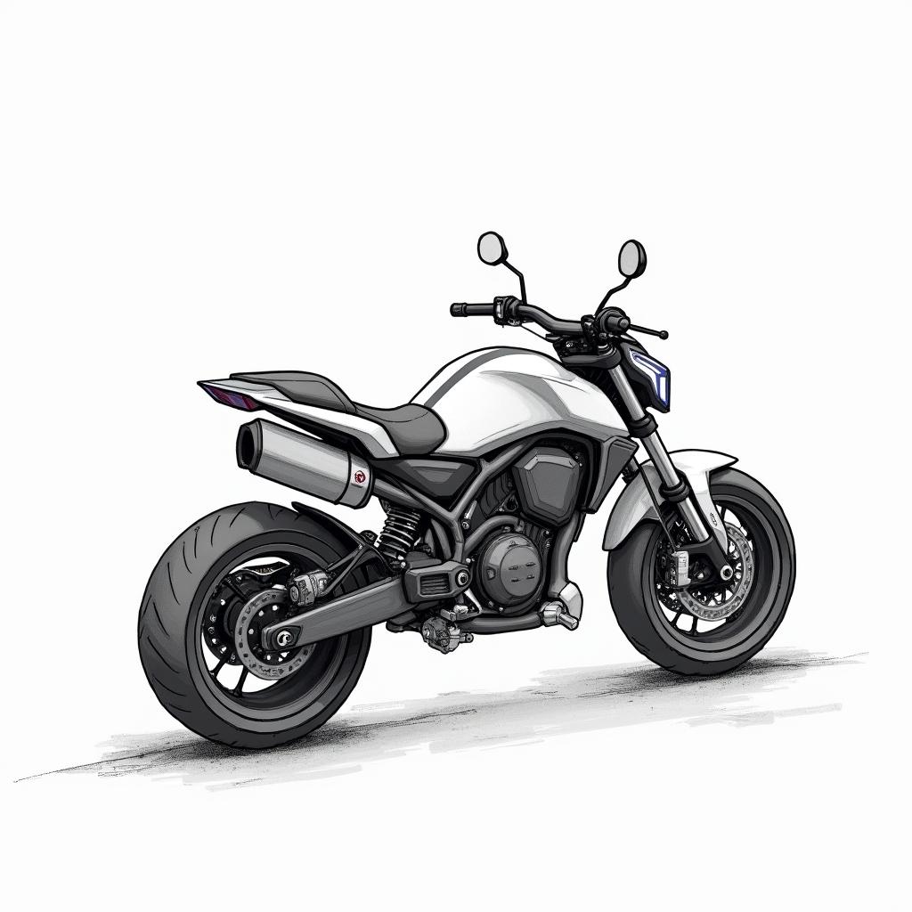 Concept sketches in black and white graphics of an electric sports motorcycle, illustrated with blue pencil