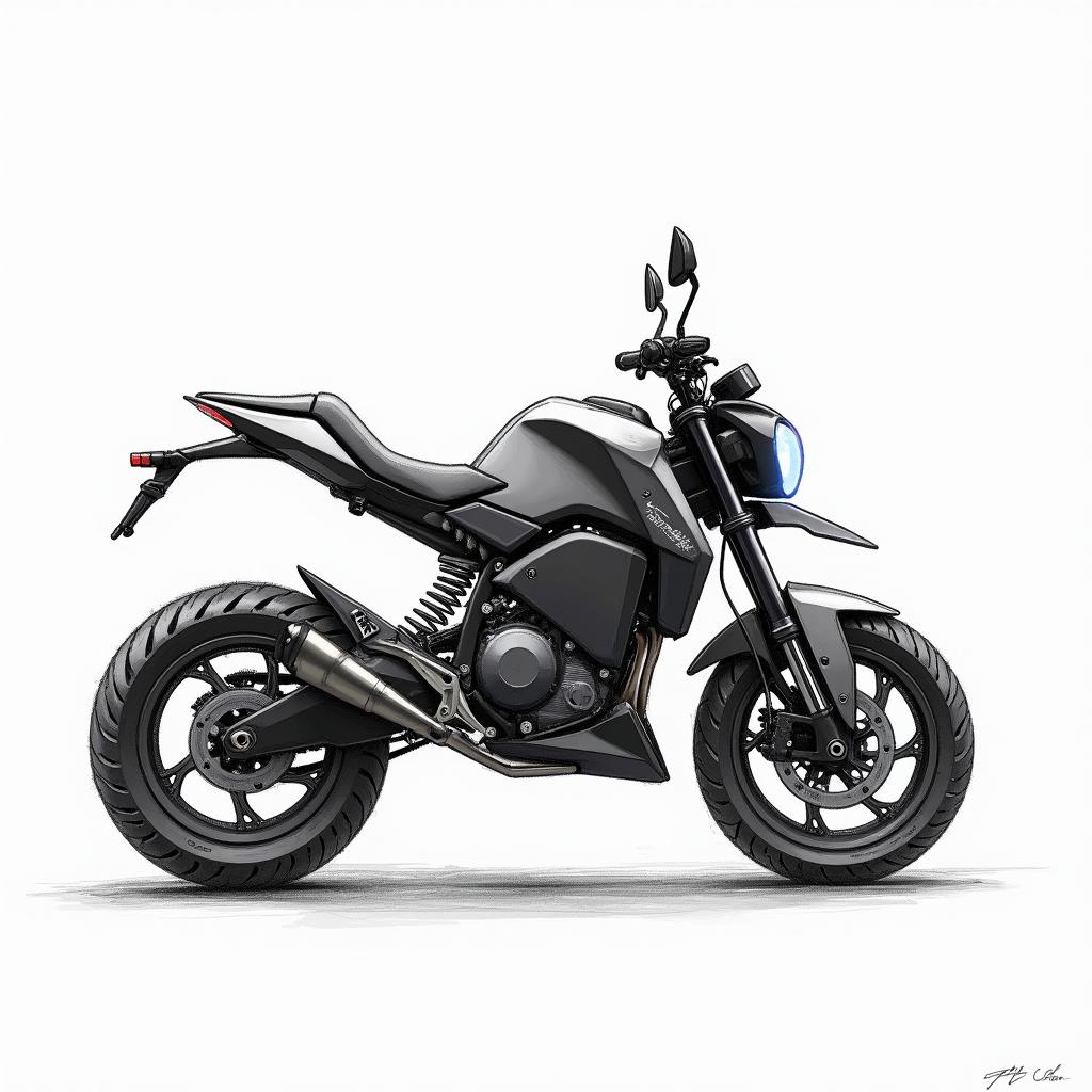 Concept sketches in black and white graphics of an electric sports motorcycle, illustrated with blue pencil