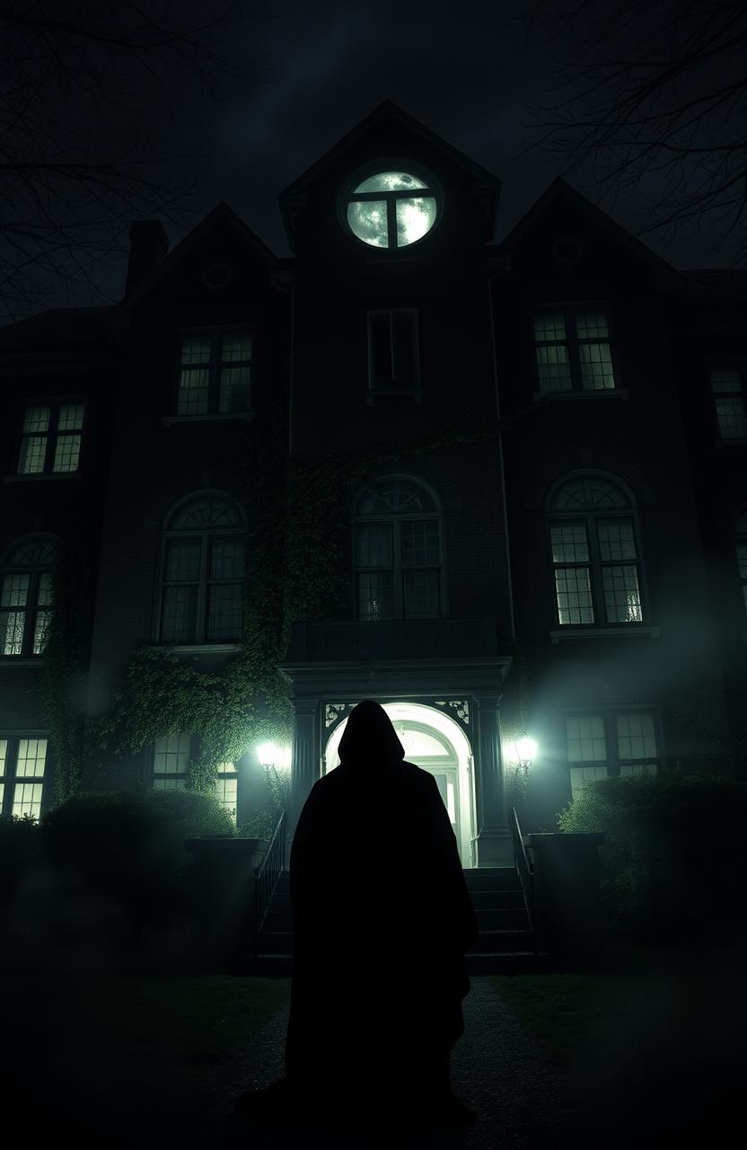 A dark humanoid figure standing ominously in front of a psychiatric hospital at night