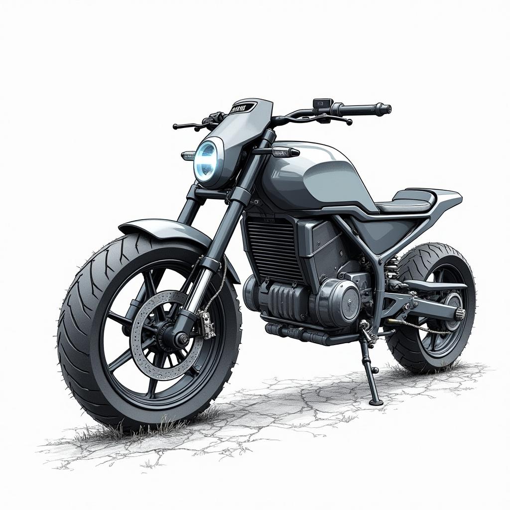 Concept sketches of an electric sports motorcycle in black and white graphic style, done with blue pencil
