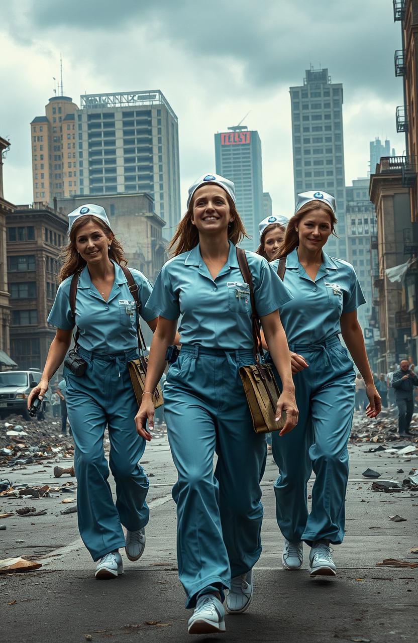 Five skilled and resilient nurses, dressed in scrubs and protective gear, navigate through a chaotic cityscape in the midst of an apocalypse