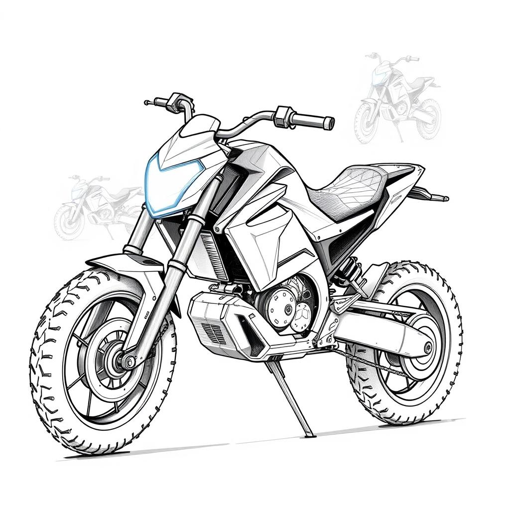 Concept sketches in black and white graphics of an electric sports motorcycle, illustrated with blue pencil