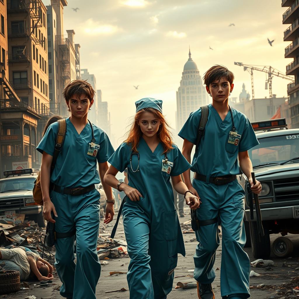 A group of three resilient nurses, consisting of two boys and one girl, dressed in scrubs and protective gear, brave a chaotic cityscape in the midst of an apocalypse