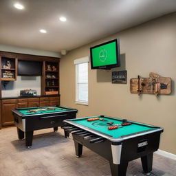 Detailed view of an expansive entertainment room, filled with a gleaming foosball table, air hockey, and ping pong table. A dart board hangs on the wall, next to two separate TV sets, one connected to a PlayStation, the other to Xbox and a shelf filled with variety of board games