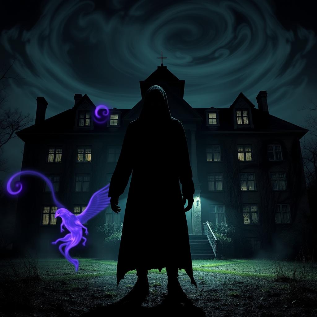 A dark humanoid figure standing ominously in front of an old, eerie psychiatric hospital at night