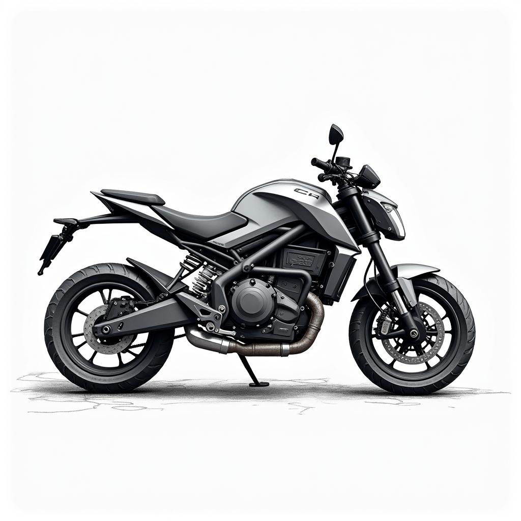 Concept sketches in black and white graphics of an electric sports motorcycle, illustrated with blue pencil