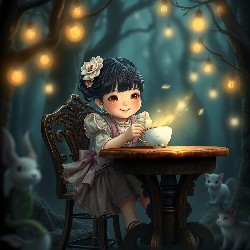 A mystical fantasy scene featuring a sweet young Asian girl, around 6 years old, sitting at a beautifully intricate wooden table within a dark, enchanted forest
