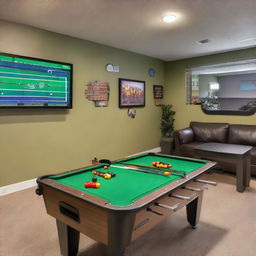 Enhanced view of a large entertainment room, housing a shiny foosball table, electric air hockey, a ping-pong table. Features a dartboard on the wall, a TV set connected to a PlayStation, another TV equipped with Xbox and a collection of board games.