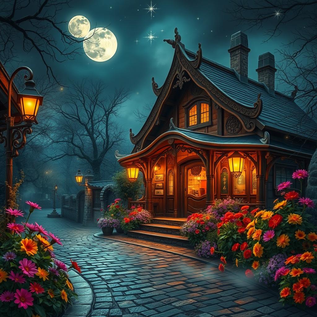 An enchanting tea house situated at the end of a cobblestone street under the light of a full moon