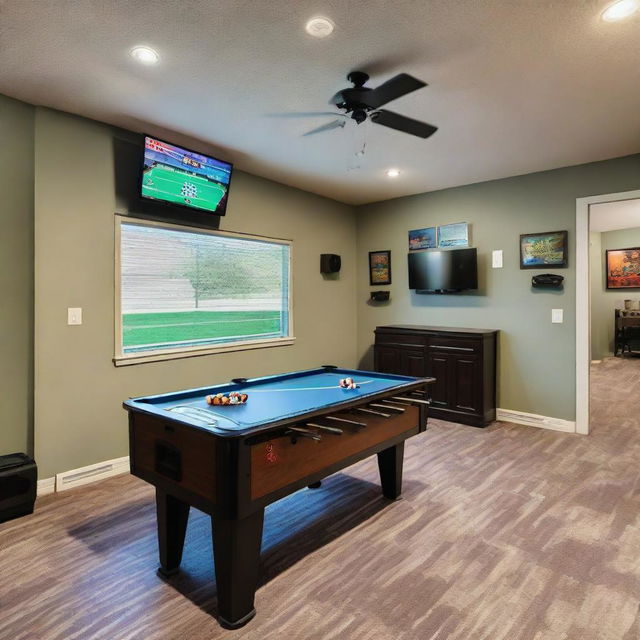 Enhanced view of a large entertainment room, housing a shiny foosball table, electric air hockey, a ping-pong table. Features a dartboard on the wall, a TV set connected to a PlayStation, another TV equipped with Xbox and a collection of board games.