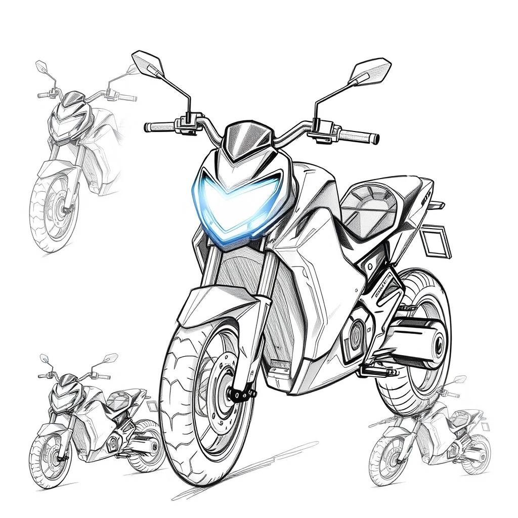 Develop several sketches in black and white graphics of a concept electric sports motorcycle, illustrated with blue pencil
