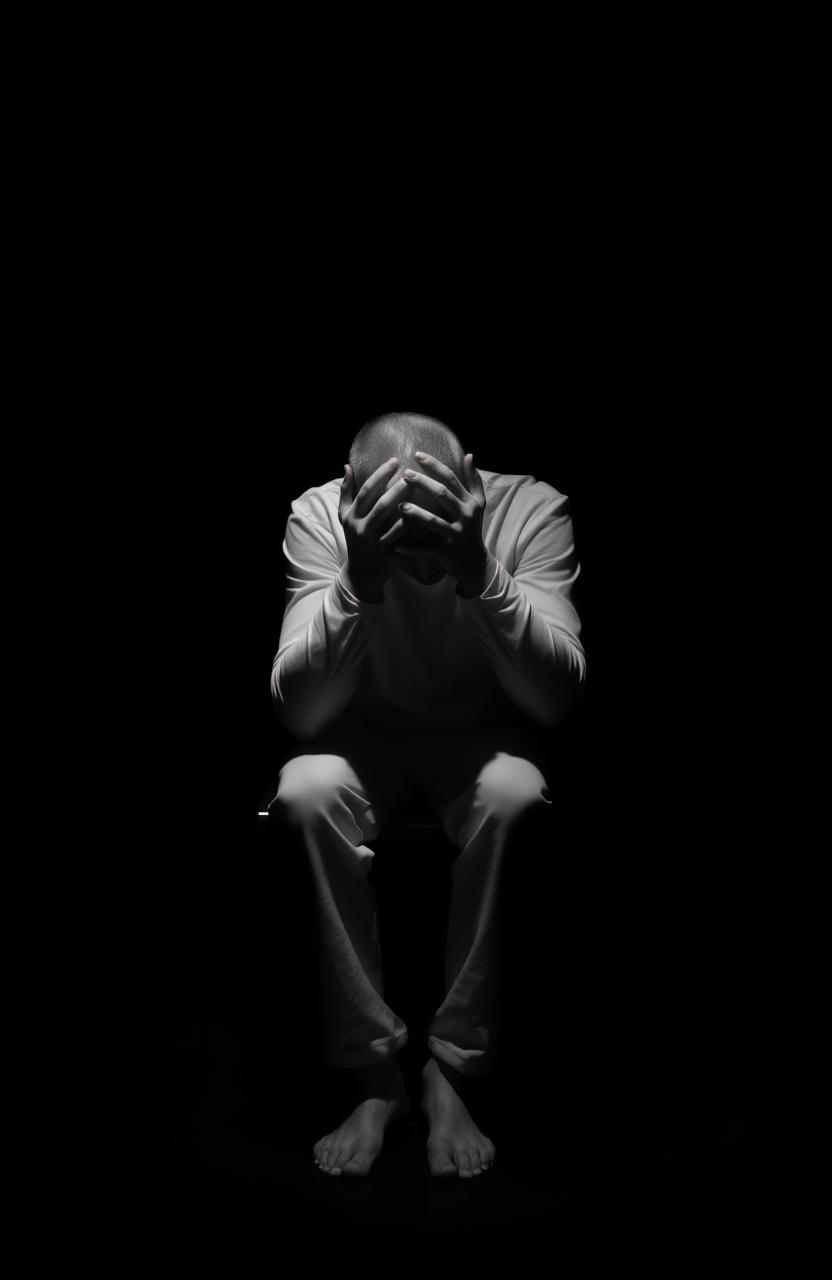 A white man sitting on a chair with his head bent down, covering his head with both arms, creating a sense of isolation and distress