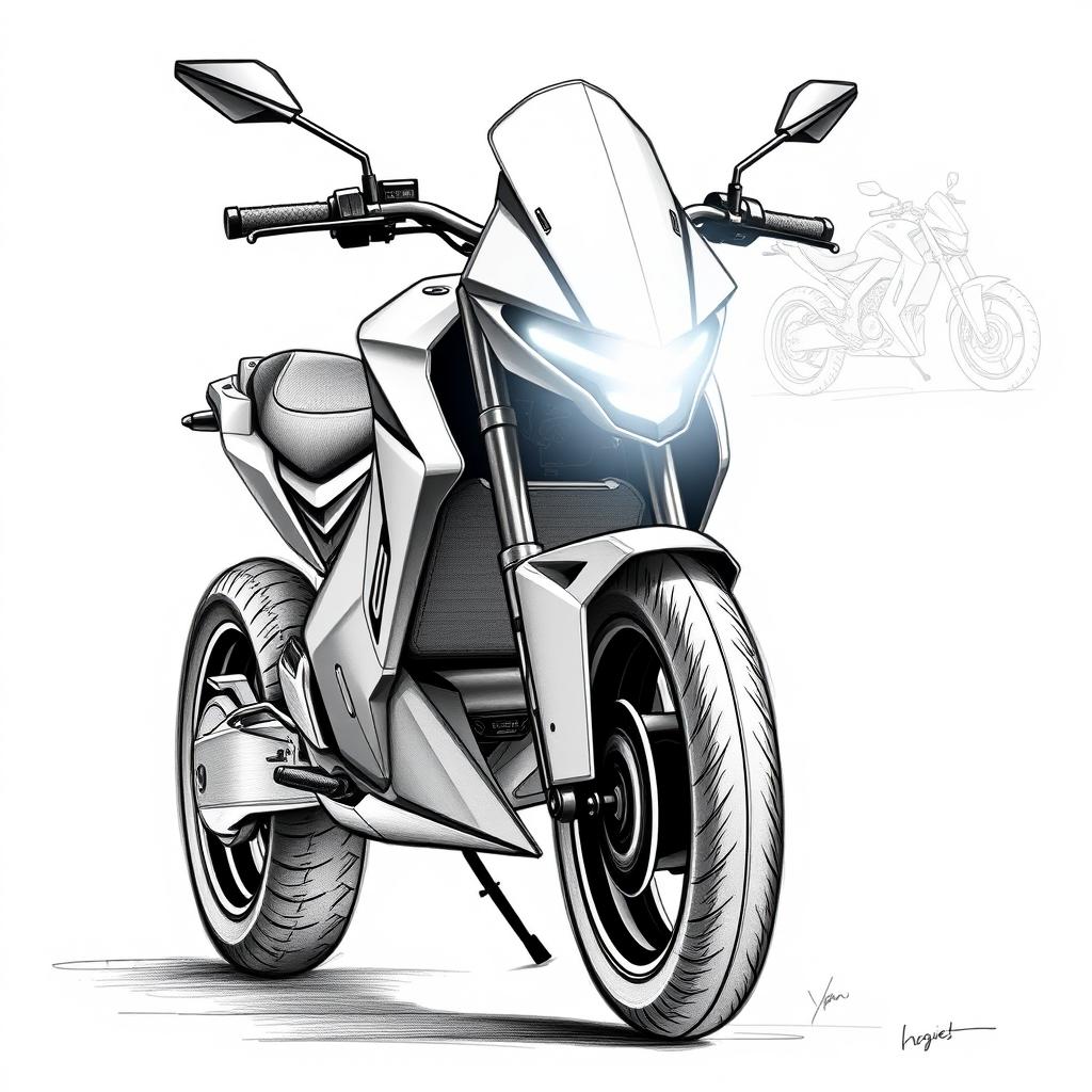 Concept sketches in black and white graphics of an electric sports motorcycle, using blue pencil