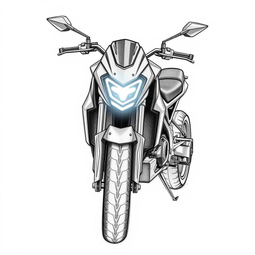Create multiple sketches in black and white graphics of a concept electric sports motorcycle, illustrated with blue pencil