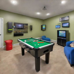 Enhanced view of a large entertainment room, housing a shiny foosball table, electric air hockey, a ping-pong table. Features a dartboard on the wall, a TV set connected to a PlayStation, another TV equipped with Xbox and a collection of board games.