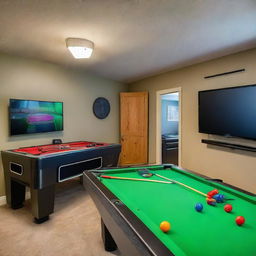 Enhanced view of a large entertainment room, housing a shiny foosball table, electric air hockey, a ping-pong table. Features a dartboard on the wall, a TV set connected to a PlayStation, another TV equipped with Xbox and a collection of board games.