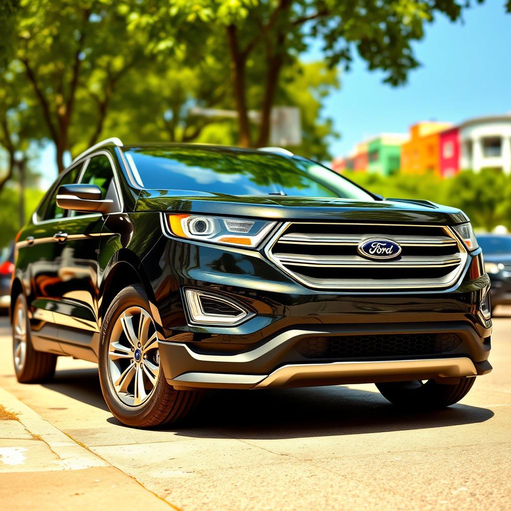 A sleek, black Ford car parked on a sunny street