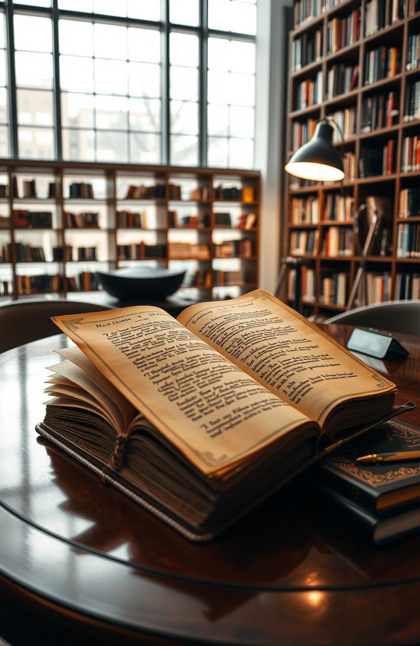 An ancient historical book resting on a polished wooden library table in a modern library setting