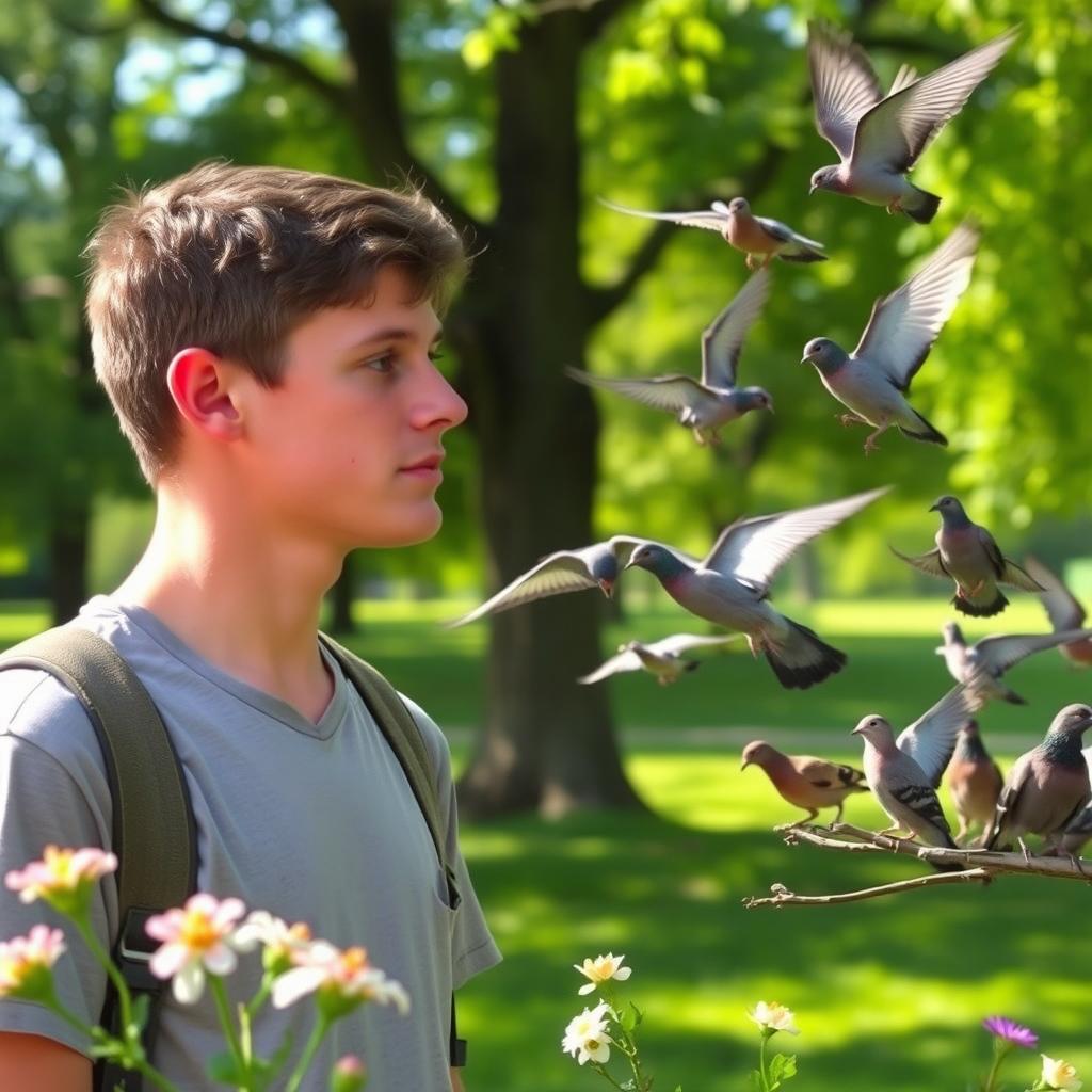 Nick Mullen, a young man with short brown hair and a casual outfit, standing in a lush green park with a calm demeanor