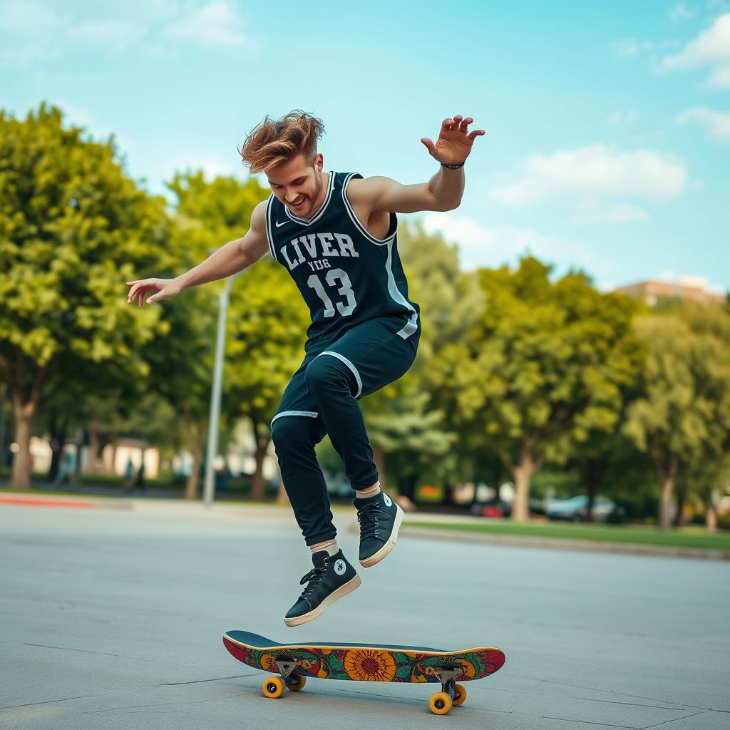 A dynamic scene of Luka Dončić, the professional basketball player, skateboarding in a city park