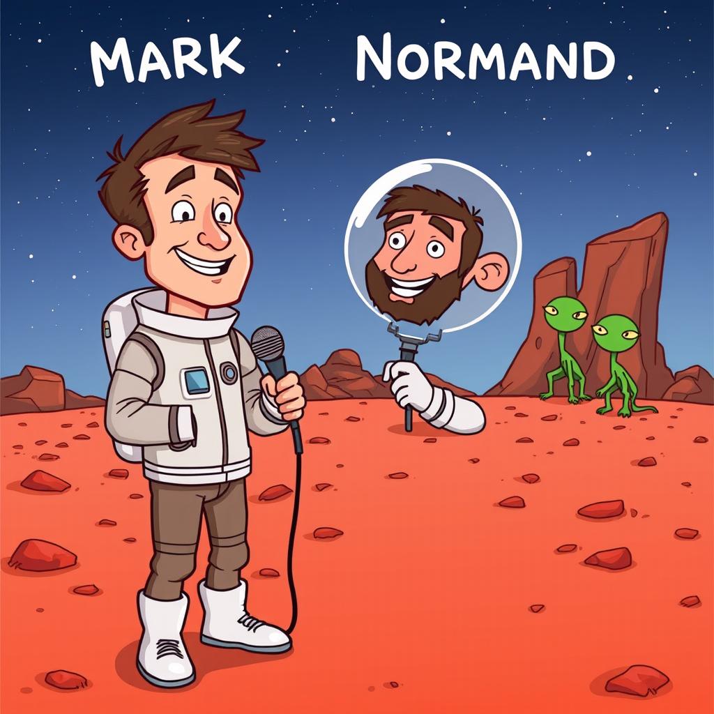 A humorous cartoon scene depicting comedian Mark Normand standing on the surface of Mars, surrounded by red rocky landscapes and a starry sky