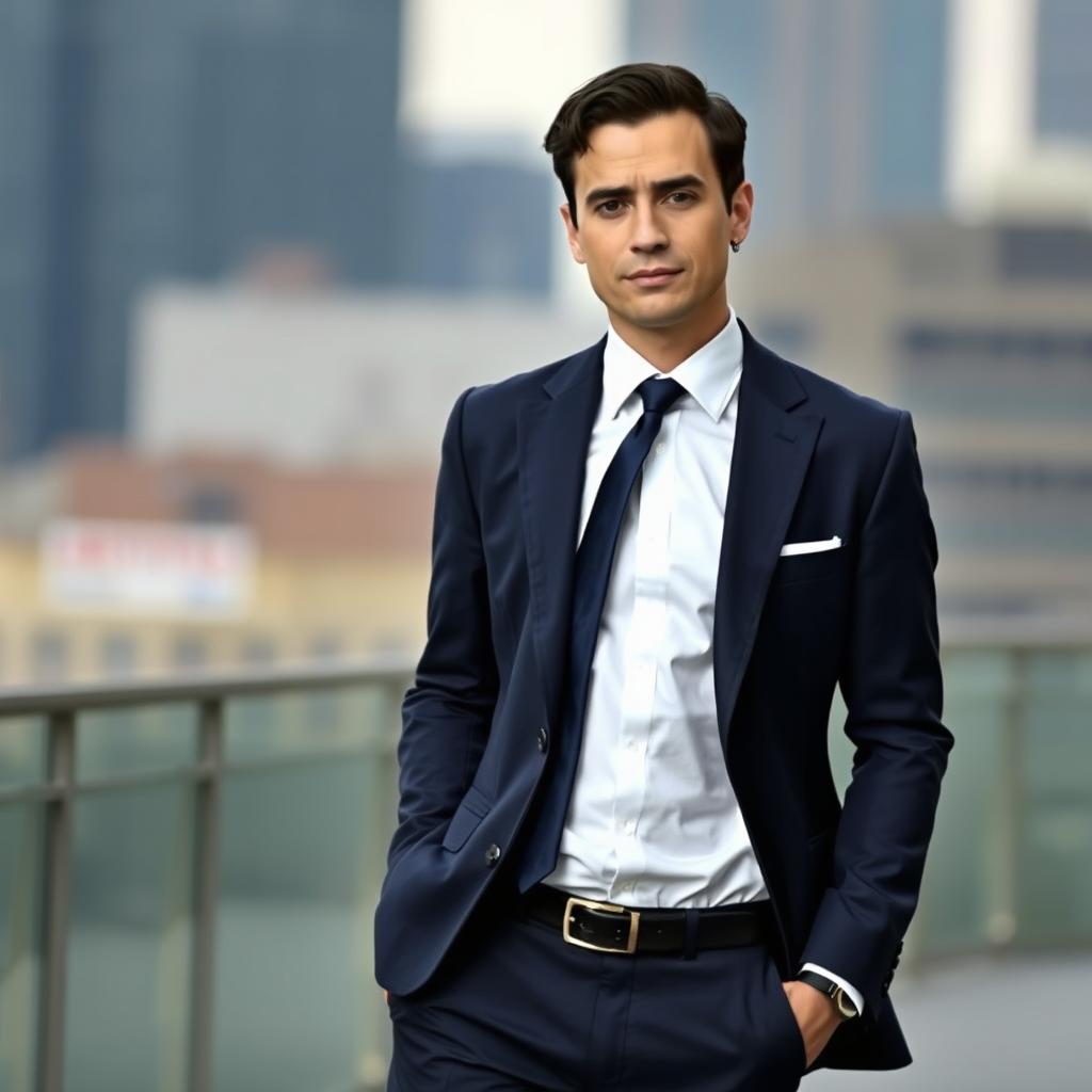 A person standing confidently dressed in formal attire, featuring a tailored suit with a crisp white shirt and a stylish tie