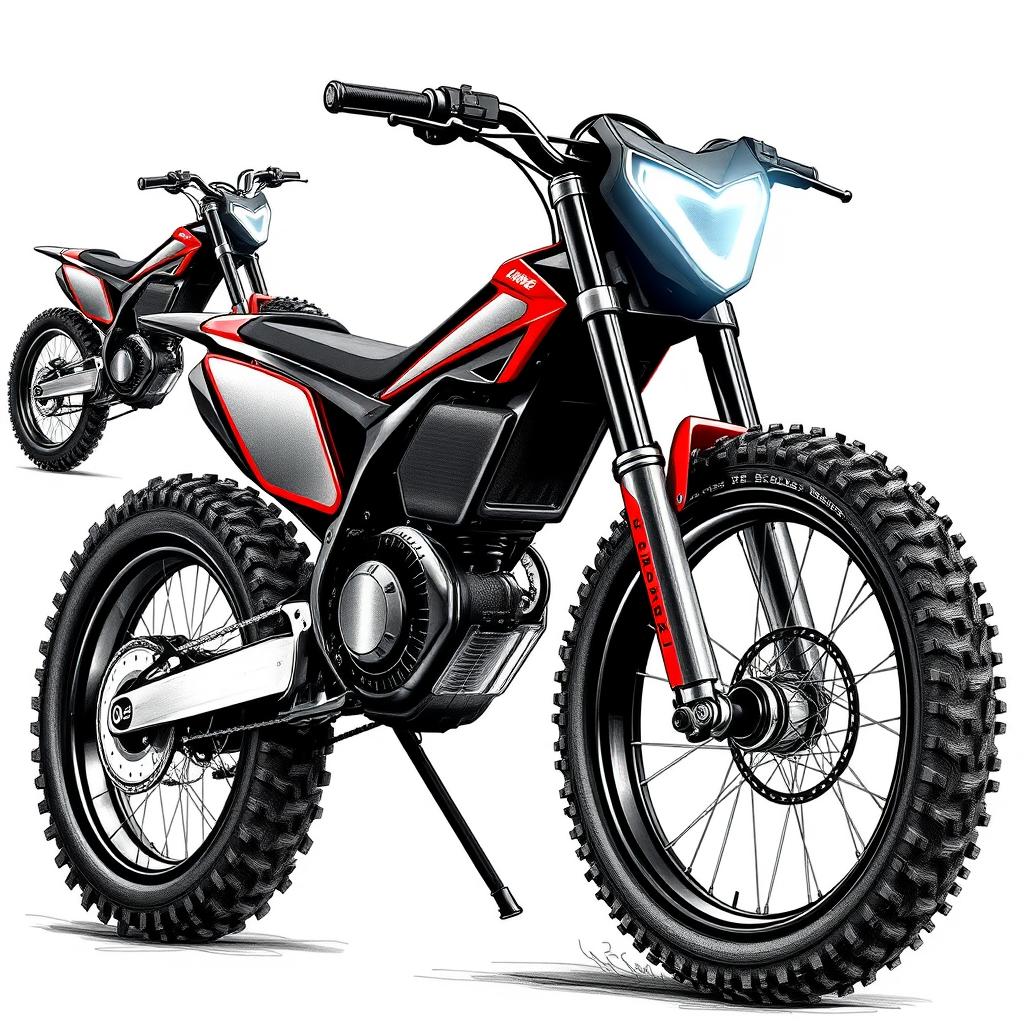 Concept sketches of an electric forest pit bike, illustrated in sharp black and white graphics using blue pencil