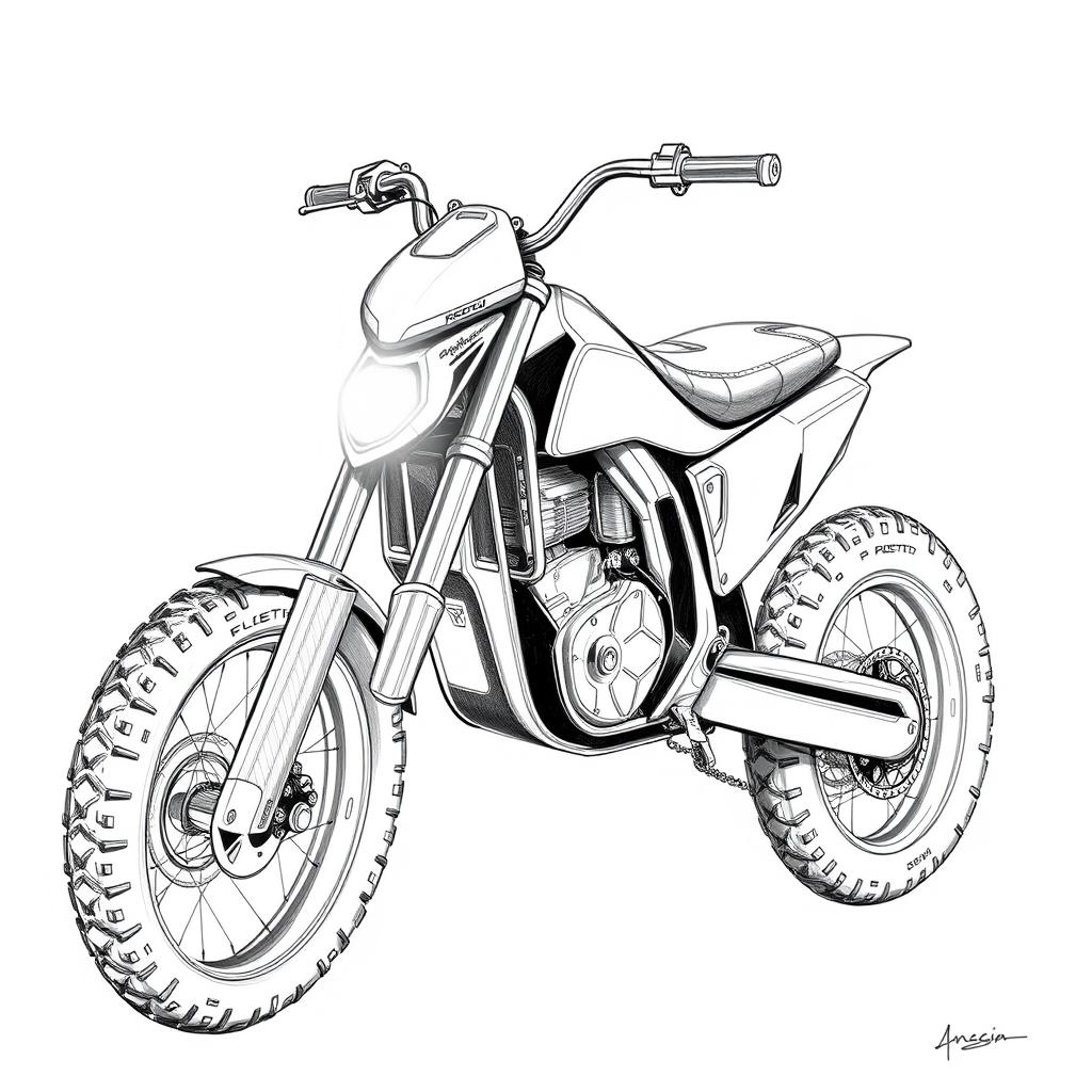 Concept sketches of an electric forest pit bike, illustrated in sharp black and white graphics using blue pencil