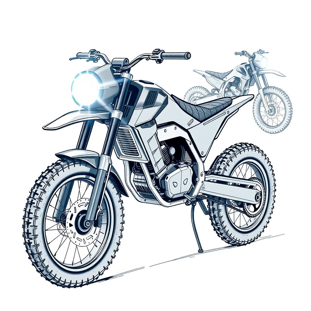 Concept sketches of an electric forest pit bike, illustrated in sharp black and white graphics with elements drawn in blue pencil