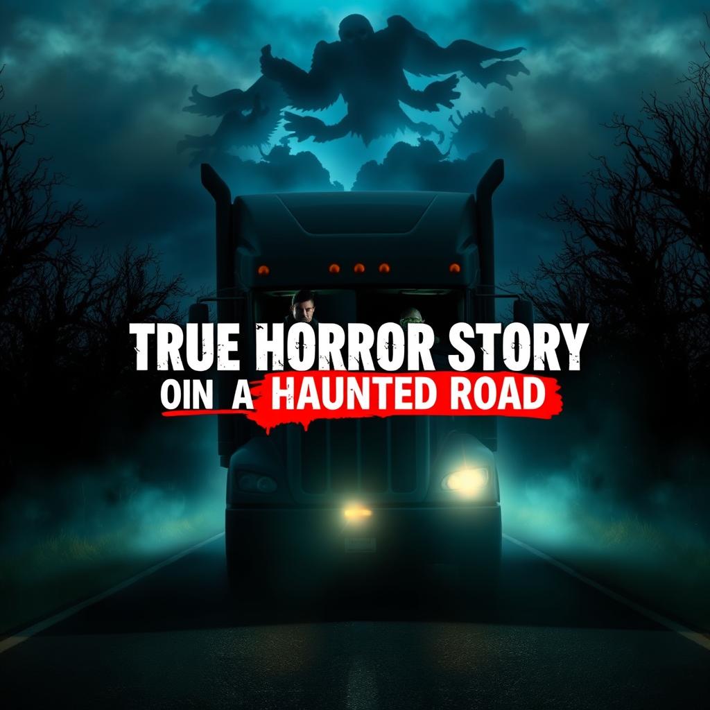 A realistic and haunting truck driver scene at night, capturing the eerie atmosphere of a haunted road