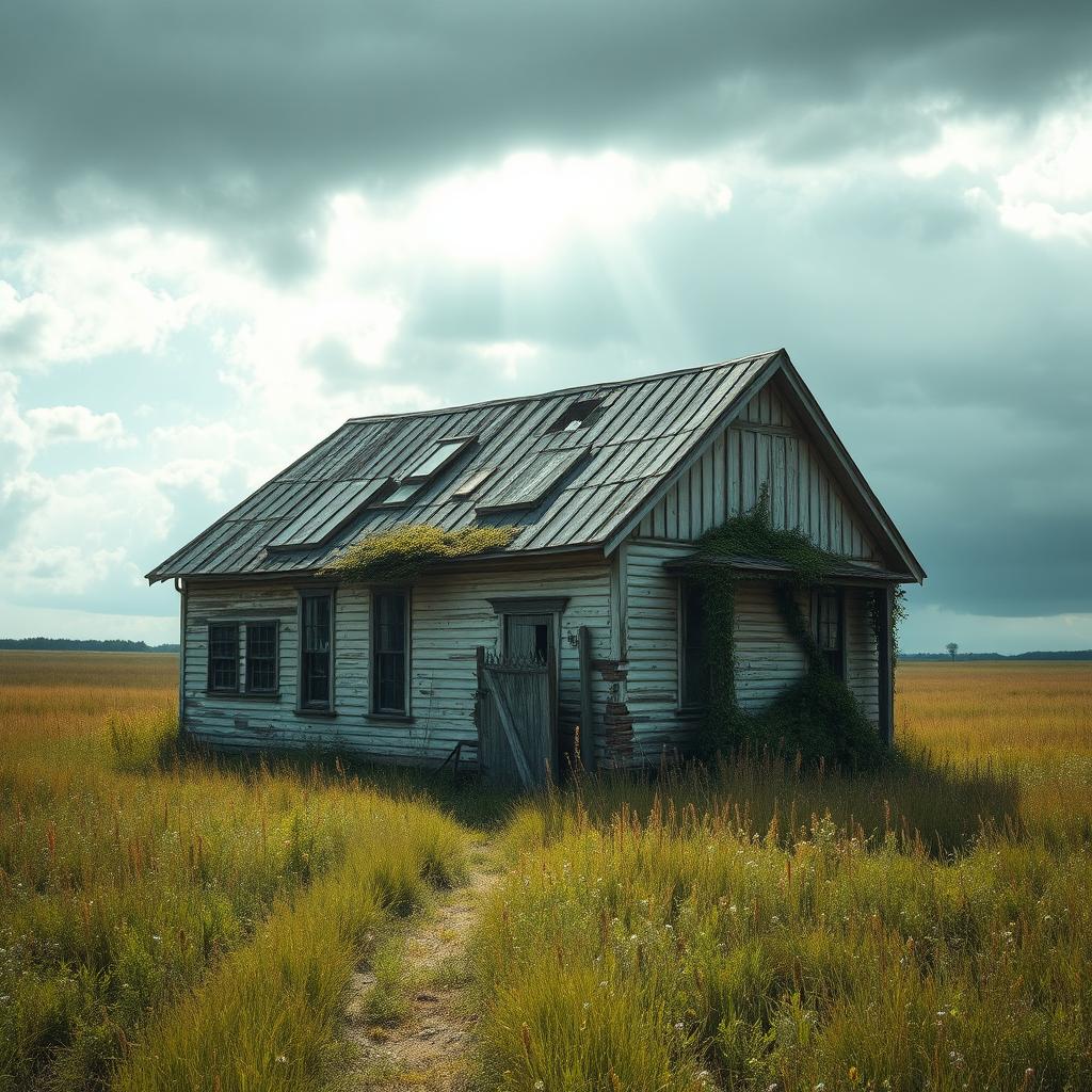 An old, abandoned house standing alone in a vast field, with peeling paint and cracked windows