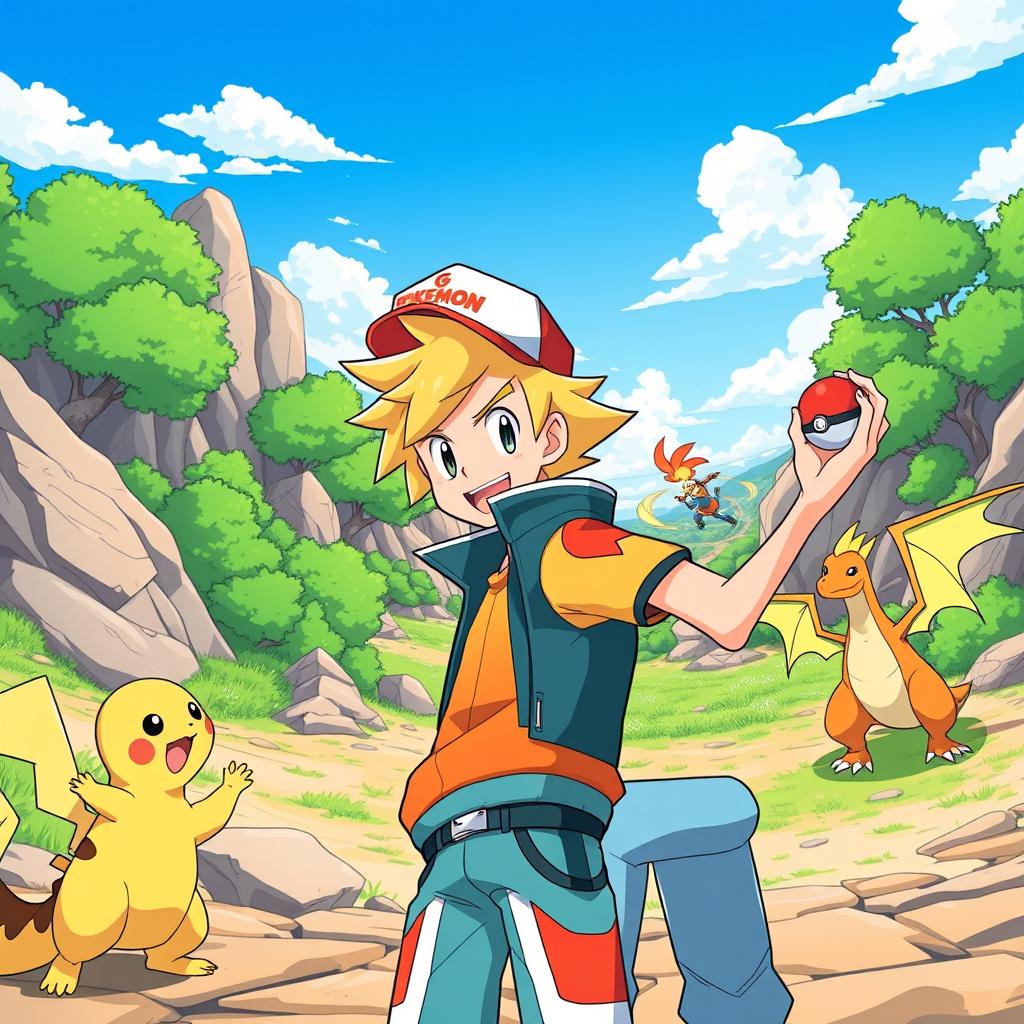 Dynamic Pokémon Trainer Illustration in Thrilling Battle Arena