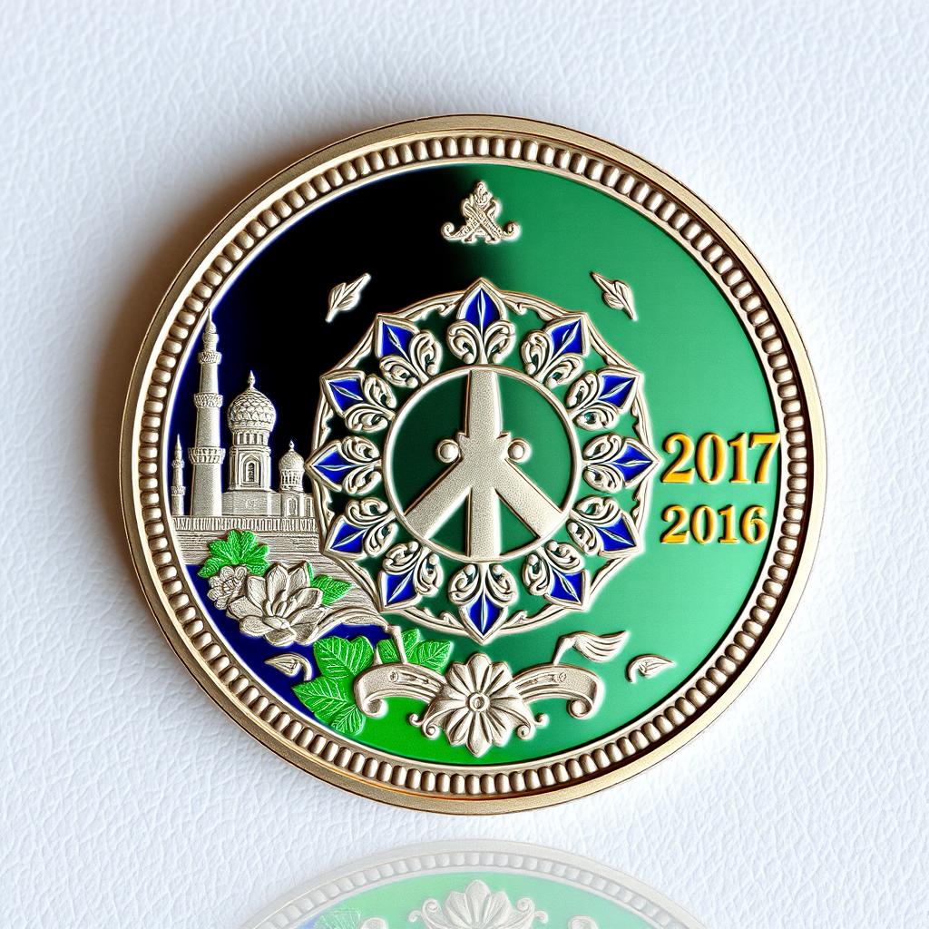 A vividly detailed color metal commemorative coin design, showcasing a prominent, intricately engraved central emblem symbolizing unity and peace, surrounded by decorative floral patterns
