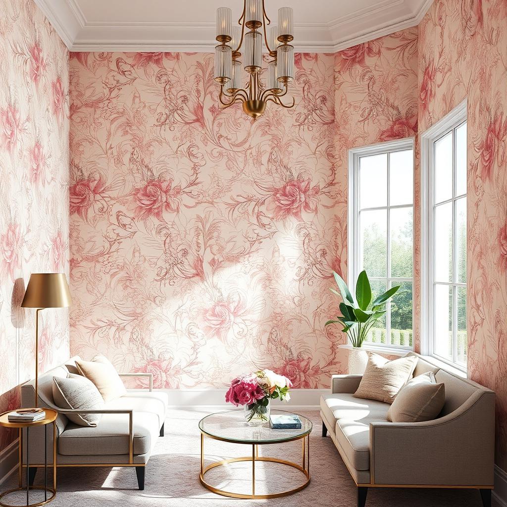 A beautifully designed room featuring stunning wallpaper with intricate floral patterns in soft pastel colors