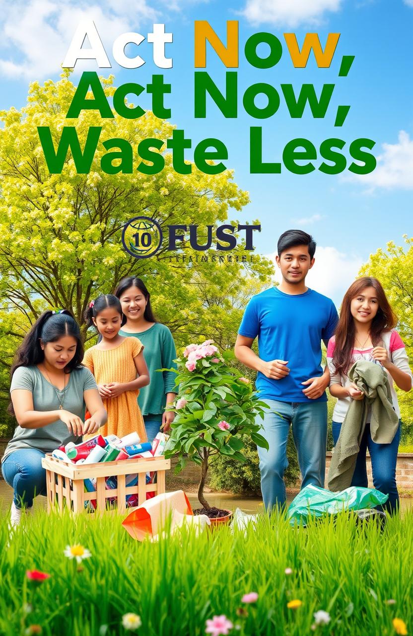 A vibrant, eye-catching poster promoting environmental awareness with the slogan 'Act Now, Waste Less' prominently displayed