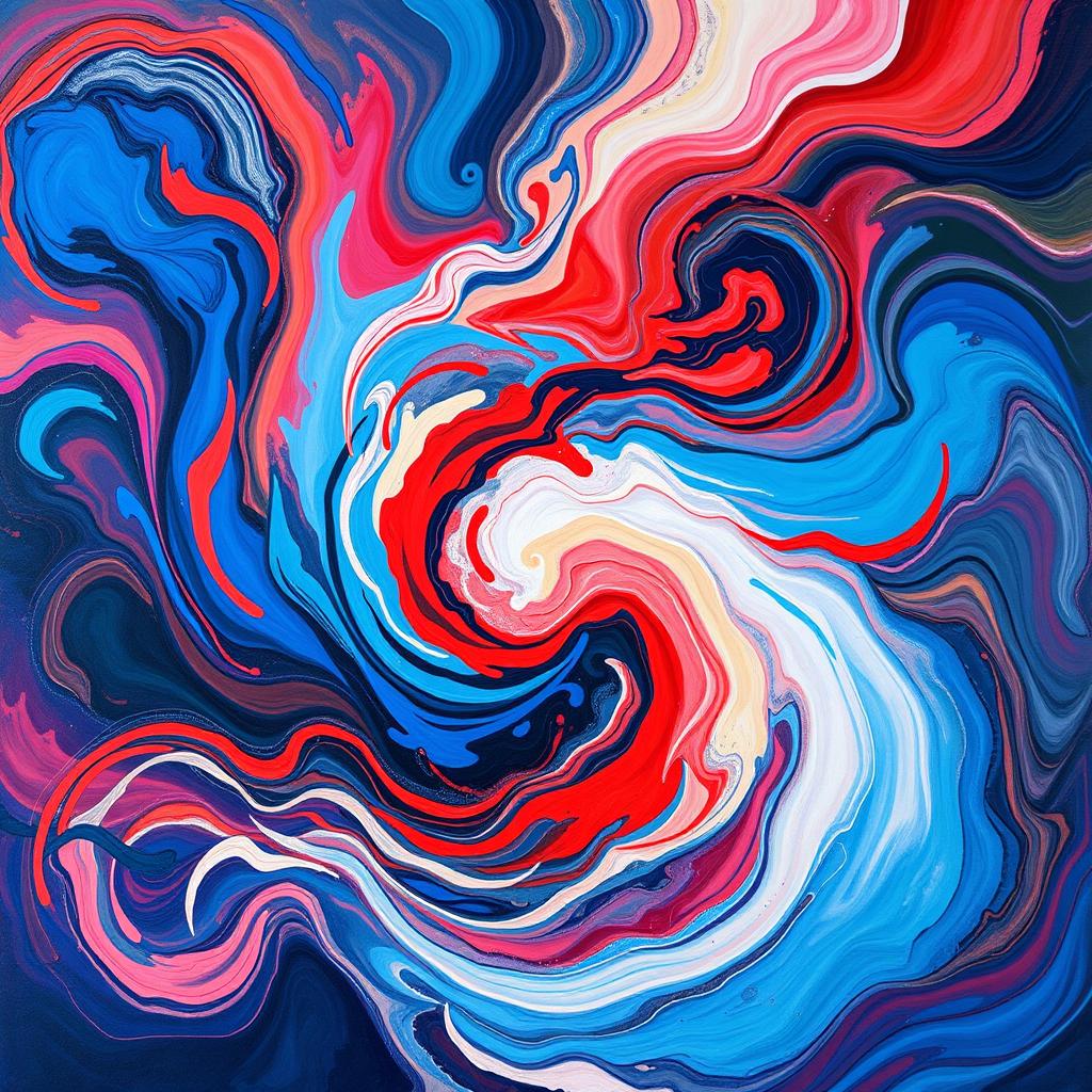 An abstract aesthetic art piece that captures a whirlwind of emotions and feelings, with vibrant colors such as deep blues, bright reds, and soft pastels blending into each other