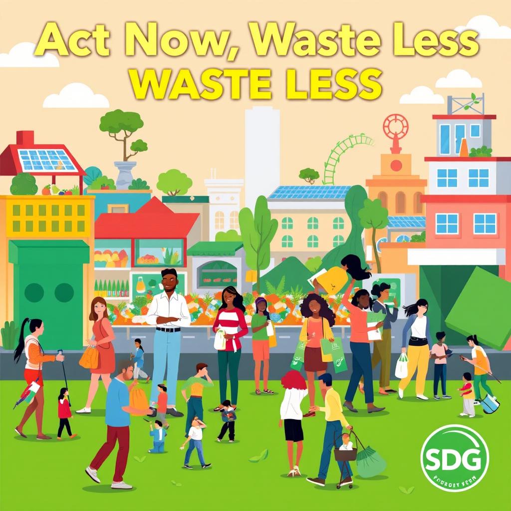 A striking visual campaign poster highlighting the Sustainable Development Goal (SDG) of responsible consumption and production with the slogan 'Act Now, Waste Less'