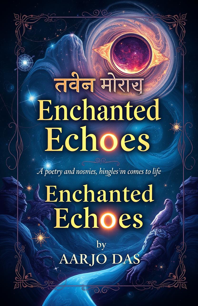 A captivating book cover design for 'Enchanted Echoes' by Aarjo Das, featuring mystical elements that represent mystery and science fiction