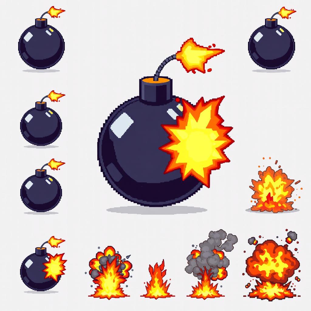A pixel art sprite sheet featuring a bomb and its explosion, each sprite dimension being 32x32 pixels