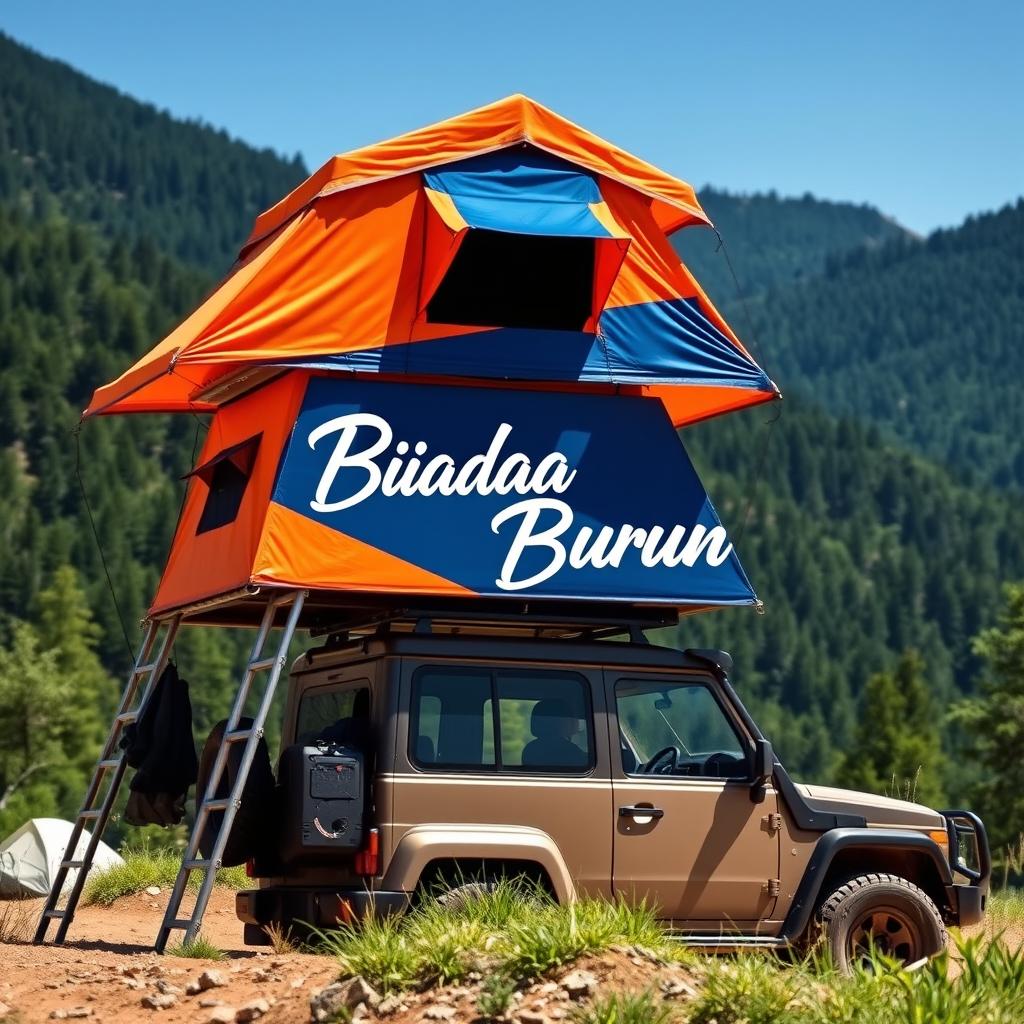 A vibrant roof tent featuring a striking orange and blue color scheme set against a picturesque outdoor backdrop