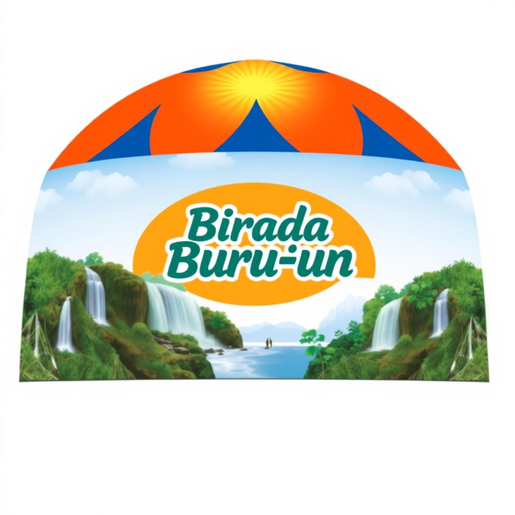 A colorful and visually striking design for the roof of a rectangular dome tent, featuring a vibrant combination of orange, blue, and white colors